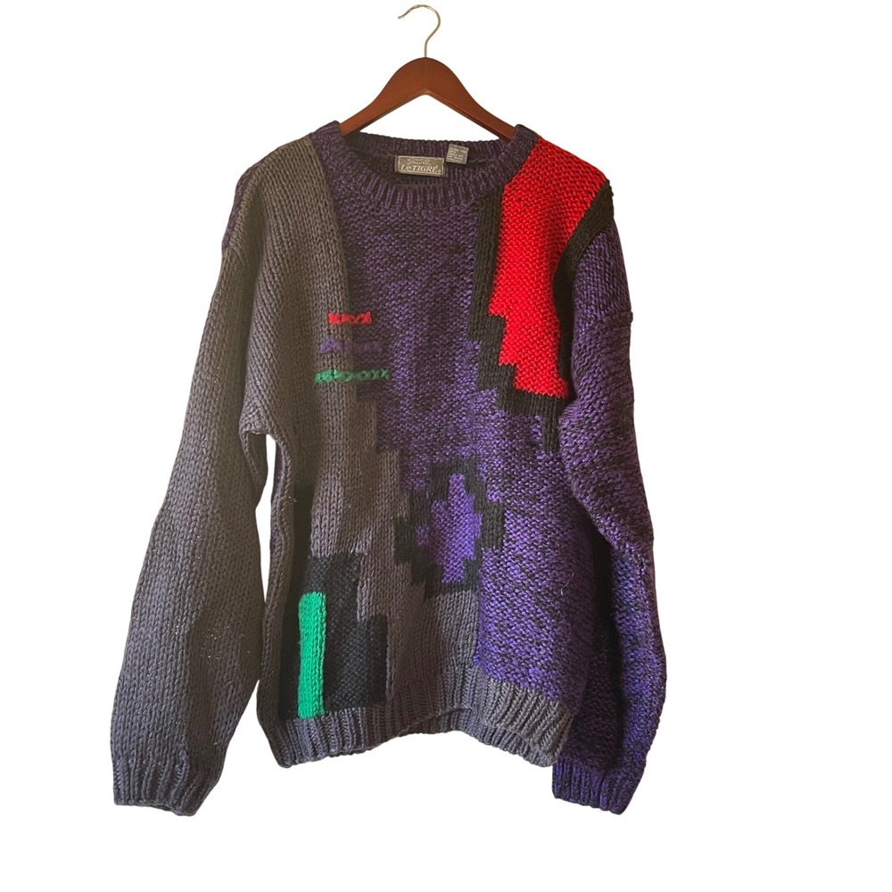 Vintage Abstract Geometric Color‎ Block Knit Sweater L Retro Vintage Style